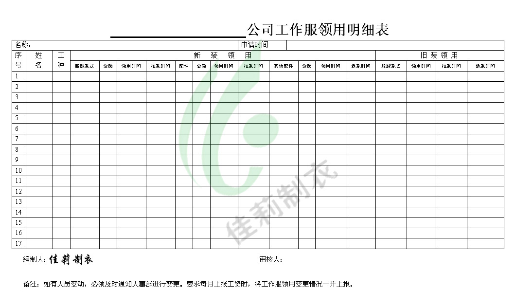 工作服領用明細表